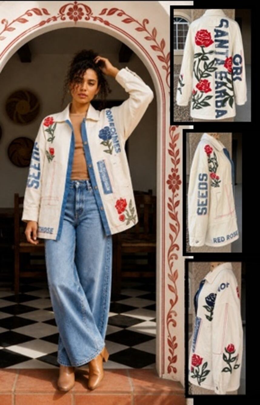 Free People Field of Roses Embroidered Denim Jacket Size L